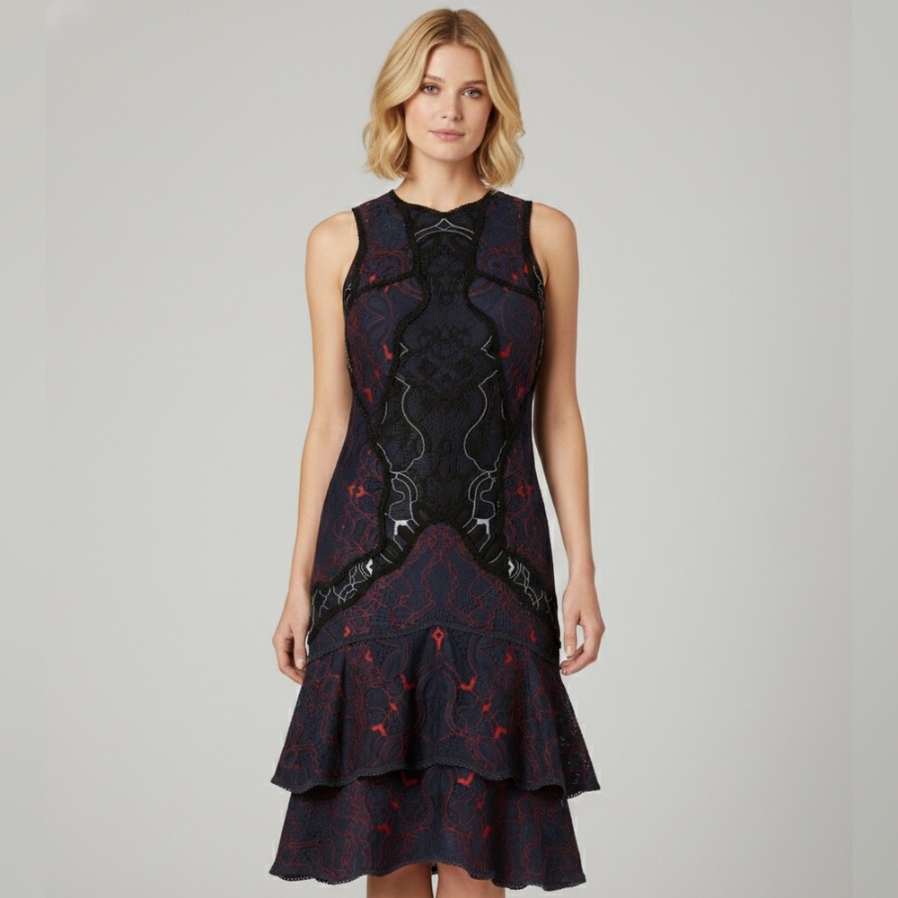 JONATHAN SIMKHAI Navy Two Tone Lace Ruffled Hem Mini‎ Dress